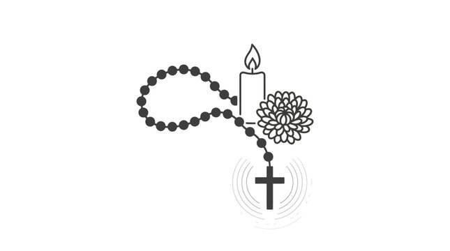 A minimalist line art illustration featuring a rosary beads necklace with a cross a lit candle and a flower.