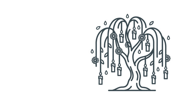A minimalist line art illustration of a weeping willow tree decorated with hanging candles and circular ornaments.