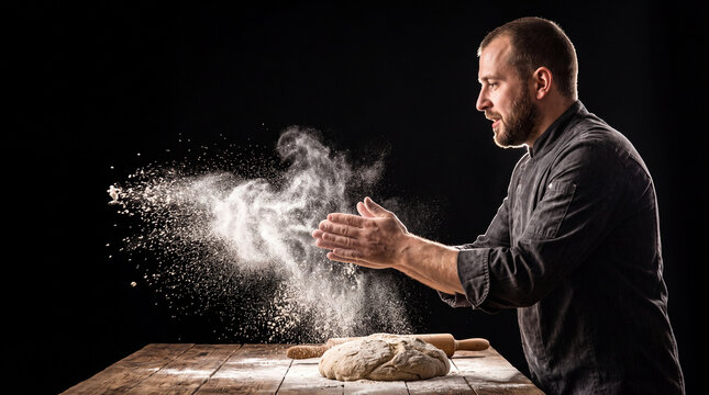 Super slow motion close up of professional artisan baker chef sprinkles flour on raw loaf of dough while making homemade bread, pasta or pizza on rustic wooden table in traditional bakery kitchen