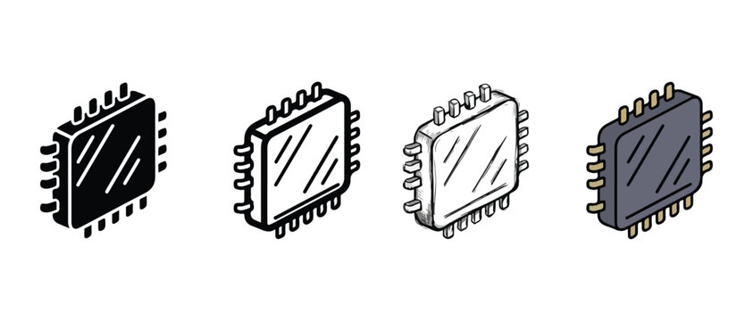 integrated circuit chips illustrated in simple line art style for technology design projects