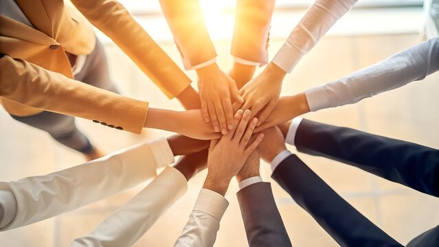 Diverse business professionals joining hands together in a symbol of unity and teamwork with teamwork business cooperation collaboration partnership professional