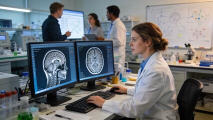 Obraz premium Professional neuroscientist analyzing digital brain scans in cutting-edge biomedical research facility.