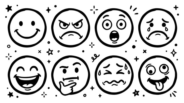 Emojis Set with Black Outlines and Simple Facial Expressions on White Background Featuring Faces, Happy, Sad with Angry