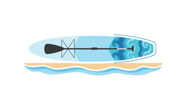 Stand up paddle board resting on a sandy beach with a blue ocean wave design and a paddle on the deck.