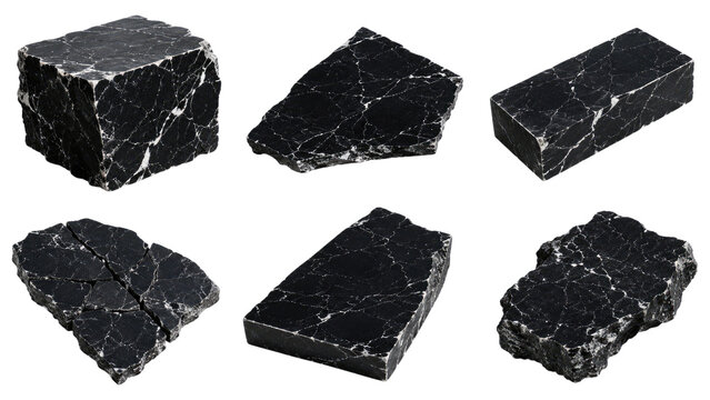 Black marble stone pieces with white veining arranged as six slabs and blocks on a transparent background