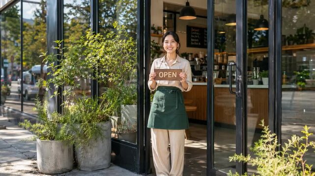Female owner holding a open poster while smiling to the camera in front of coffee shop.
