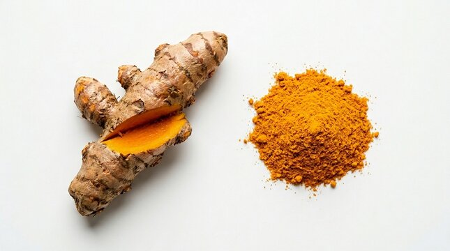 Fresh turmeric root and turmeric powder isolated on white background