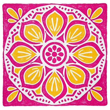 Motif mandala floral en rose vif et jaune dor&eacute; style linogravure