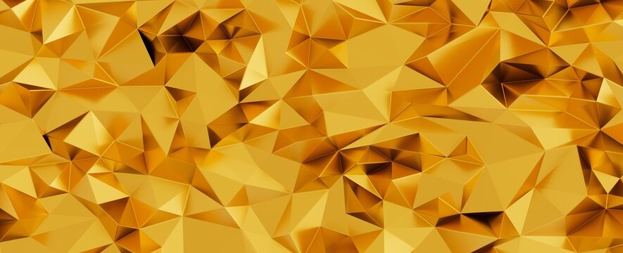 Abstract textured geometric low poly pattern in shiny gold for backgrounds