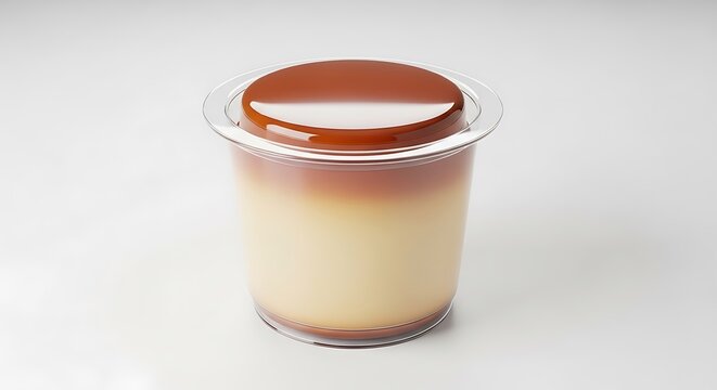 Creamy caramel custard pudding in a small plastic cup
