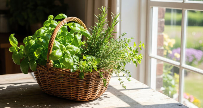 A wicker basket  with fresh basil, rosemary and parsley sits on a rustic wooden table by a sunny window. Home cooking, gardening, freshness and natural ingredients concept.