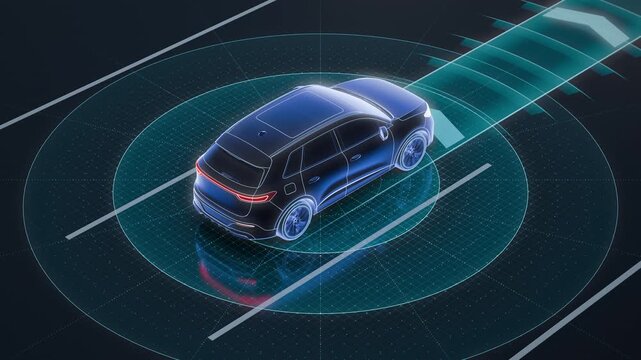 Autonomous Car Sensor Field and Driving Path in Three Quarter View
