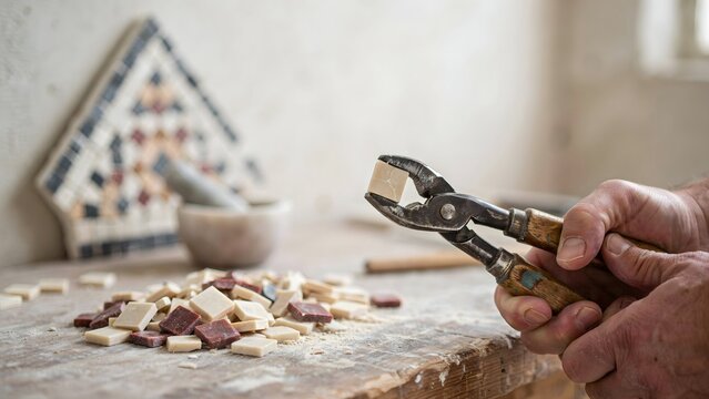 Hands using pliers to cut colorful small stone tiles on woodworking table