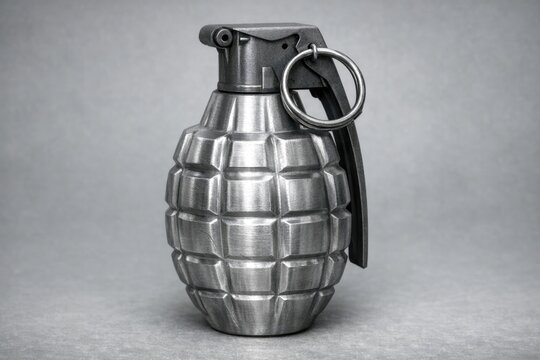 A metal hand grenade with a metal ring on the handle