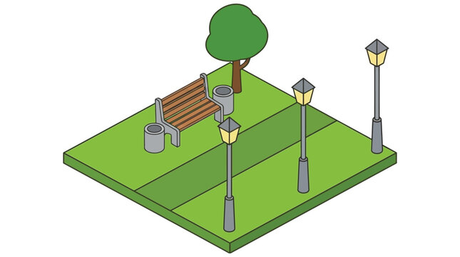 Isometric Park Scene With Benches And Lamp Posts Vector Illustration