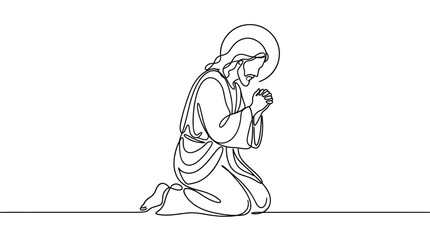 Obraz premium Minimalist Continuous Line Drawing of Jesus Christ Praying in Devotion, Elegant Christian Symbol of Faith and Spirituality for Easter Celebration and Religious Art Illustration