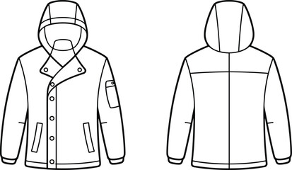 Technical fashion sketch of a hooded jacket with front button closure and sleeve pocket for apparel design © Sultana