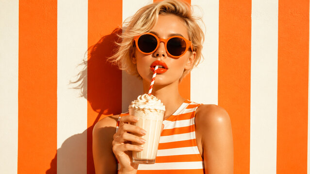 Summer fashion portrait of a blonde woman in orange sunglasses sipping a milkshake against a striped background. Ideal for eyewear, beverage, lifestyle and advertising use.