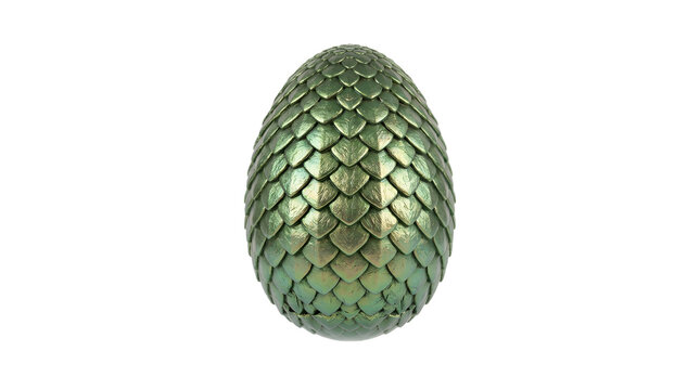 Metallic green dragon egg with textured scales, fantasy serpent egg isolated on white background, mythical reptile egg for gaming and storytelling