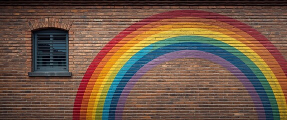 Colorful Rainbow Mural on Brick Wall with Window in Urban Setting © VirtualVista