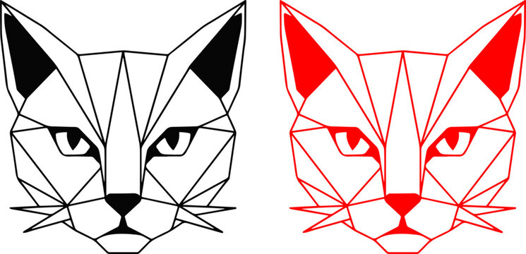 Geometric stylized cat head icon in black and red polygon art style isolated on white background with geometric stylized abstract triangle isolated
