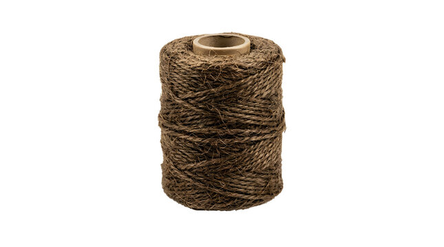 Natural jute twine spool on white background, rustic brown hemp rope roll, textured organic fiber string for gardening and gift wrapping
