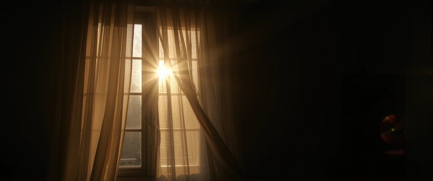 Sunlight Shining Through Sheer Curtains in a Dark Room