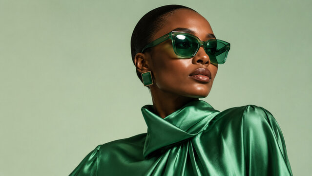 A stylish woman in glossy emerald clothing and matching sunglasses poses against a soft green background.
