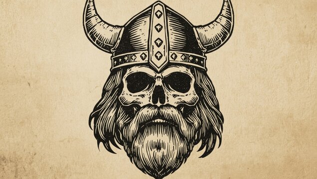 Viking Skull Illustration with Horned Helmet and Detailed Beard on Vintage Background