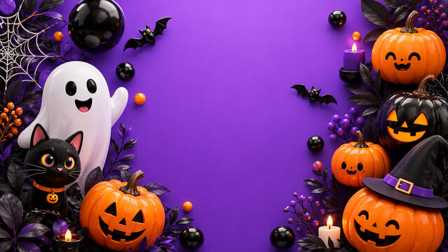 A cute black kitten sits beside glowing pumpkins and festive Halloween decorations on a purple background.