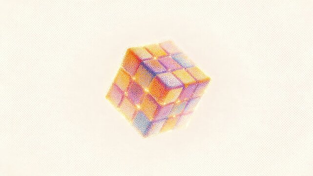 Abstract glowing geometric cube made of colorful particles on bright background, idea for AI, quantum computing, data visualization, technology branding, or futuristic presentation