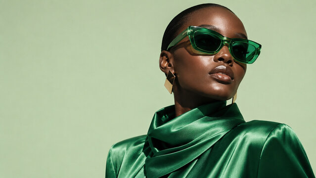 A stylish woman in glossy emerald clothing and matching sunglasses poses against a soft green background.
