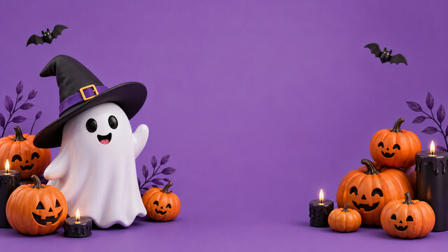 A cute ghost in a witch hat stands among glowing pumpkins and candles on a purple Halloween background.