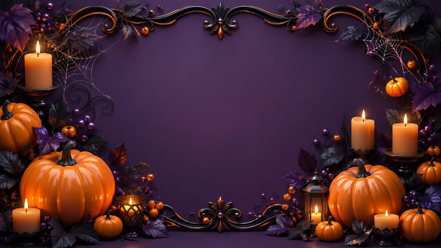 A festive Halloween border of pumpkins, purple foliage, and glowing candles frames a spacious purple background.