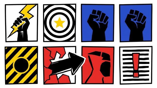 Set of protest and warning icons. Graphic symbols for social activism and danger alerts.