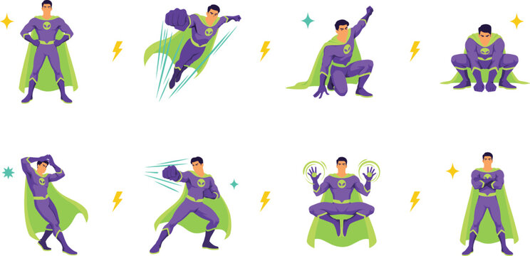Male Superhero Character Poses Icon Set Featuring Hero Flying Punching Crouching Standing and Using Energy Superpowers in Purple and Lime Green Suit Vector
