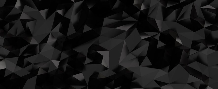 Dark abstract polygonal background with sharp edges and deep shadows creating depth.