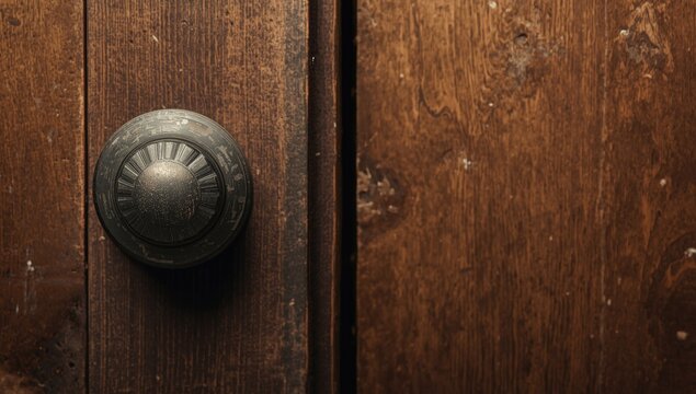 Vintage Door Knob on a Rustic Wooden Door with Warm Lighting