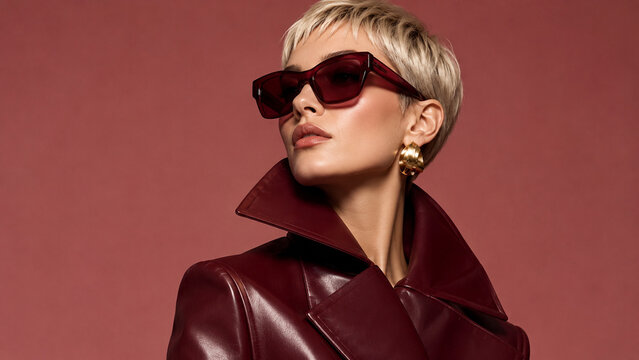 A sophisticated woman in a burgundy leather jacket and dark sunglasses poses against a muted rose background.
