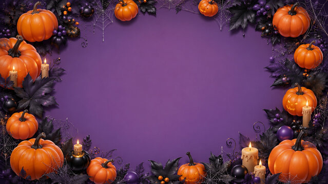 A festive Halloween border of pumpkins, purple foliage, and glowing candles frames a spacious purple background.