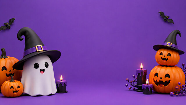 A cute ghost in a witch hat stands among glowing pumpkins and candles on a purple Halloween background.