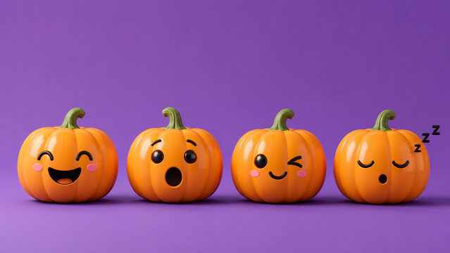 Four cute pumpkins with playful faces stand in a row against a purple background.