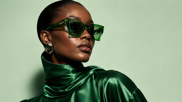 A stylish woman in glossy emerald clothing and matching sunglasses poses against a soft green background.