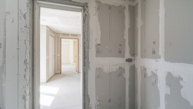 Empty Interior Hallway Under Renovation with Drywall and Natural Light