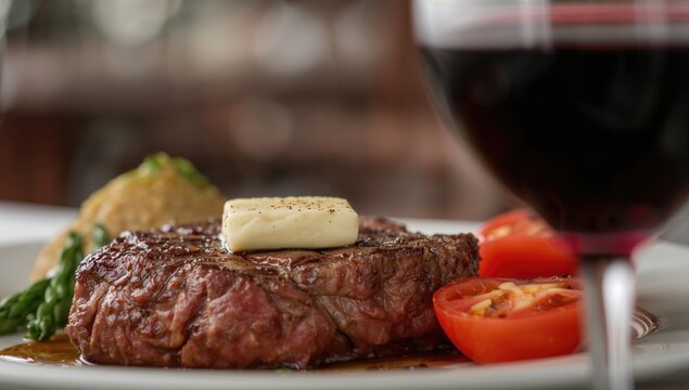 Juicy Steak Topped with Butter and Garnished with Vegetables and Red Wine