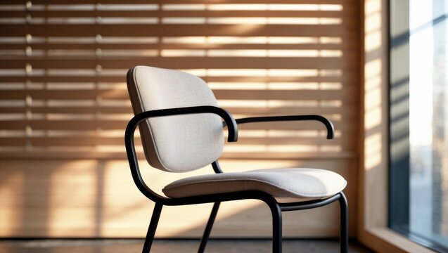 Nordic chair in classic white color set against a wooden interior background. Scandinavian interior concept. Plush chair design.