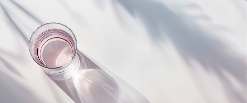 Glass of Water on White Surface with Soft Shadows and Natural Light