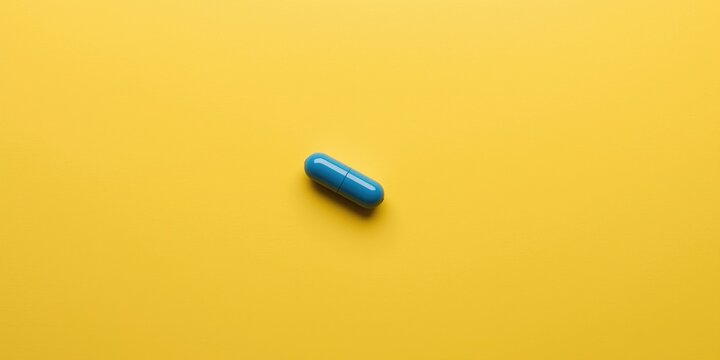 Blue Capsule on Yellow Background - Isolated, Minimalist, High Contrast