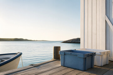 Naklejka premium A wooden dock extends over calm water with a blue plastic bin and boat visible under a clear sky.