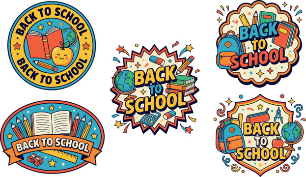 Set of colorful creative back to school badges and emblems featuring various educational supplies and stationery for classroom learning activities